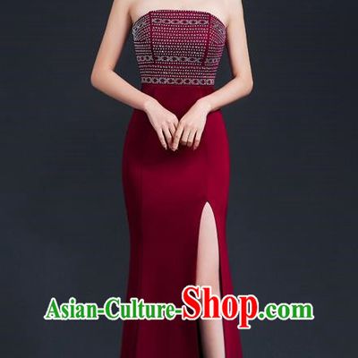 Sexy Wine Red Banquet Tube Top Evening Dress Women High Level Fishtail Dress Skirt