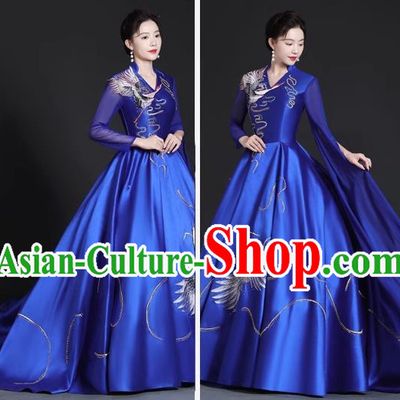 Chinese Style Top Trailing Evening Dress Model Catwalk Cheongsam Performance Costume Guzheng Playing Host Dress Blue