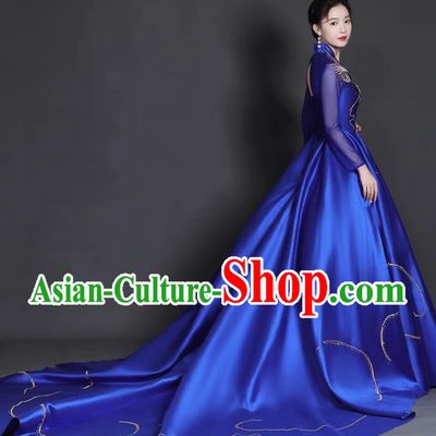Chinese Style Top Trailing Evening Dress Model Catwalk Cheongsam Performance Costume Guzheng Playing Host Dress Blue