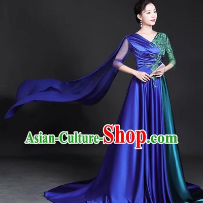 Chinese Style Top Trailing Evening Dress Model Catwalk Cheongsam Performance Costume Guzheng Playing Host Dress Blue