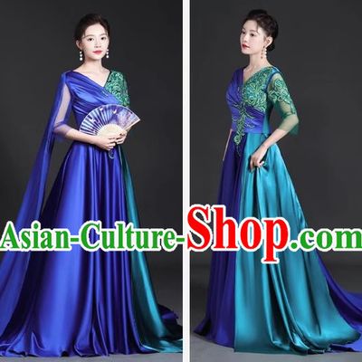 Chinese Style Top Trailing Evening Dress Model Catwalk Cheongsam Performance Costume Guzheng Playing Host Dress Blue