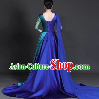 Chinese Style Top Trailing Evening Dress Model Catwalk Cheongsam Performance Costume Guzheng Playing Host Dress Blue