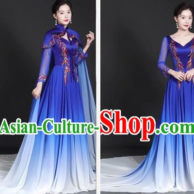 Chinese Style Top Trailing Evening Dress Model Catwalk Cheongsam Performance Costume Guzheng Playing Host Dress Blue