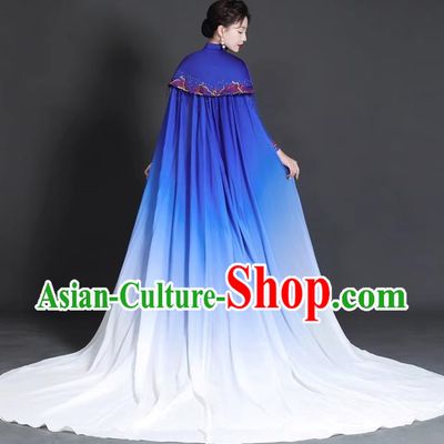 Chinese Style Top Trailing Evening Dress Model Catwalk Cheongsam Performance Costume Guzheng Playing Host Dress Blue