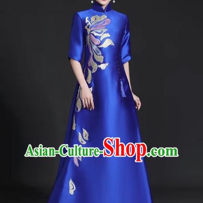 Chinese Style Top Trailing Evening Dress Model Catwalk Cheongsam Performance Costume Guzheng Playing Host Dress Blue