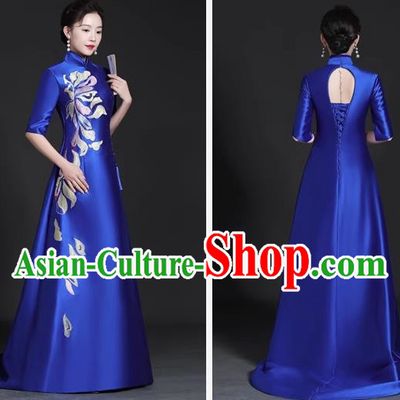 Chinese Style Top Trailing Evening Dress Model Catwalk Cheongsam Performance Costume Guzheng Playing Host Dress Blue