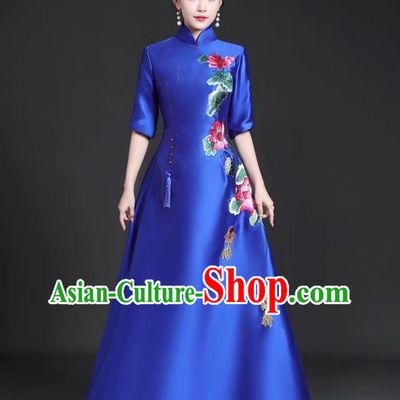 Chinese Style Top Trailing Evening Dress Model Catwalk Cheongsam Performance Costume Guzheng Playing Host Dress Blue