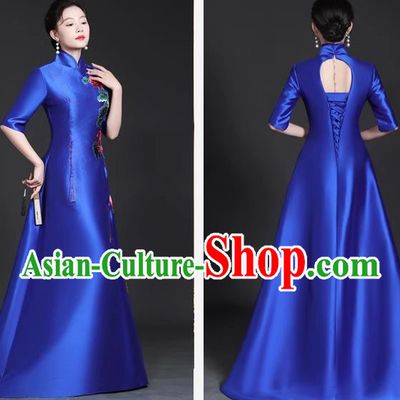 Chinese Style Top Trailing Evening Dress Model Catwalk Cheongsam Performance Costume Guzheng Playing Host Dress Blue