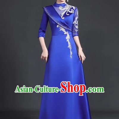 Chinese Style Top Trailing Evening Dress Model Catwalk Cheongsam Performance Costume Guzheng Playing Host Dress Blue