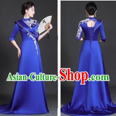 Chinese Style Top Trailing Evening Dress Model Catwalk Cheongsam Performance Costume Guzheng Playing Host Dress Blue