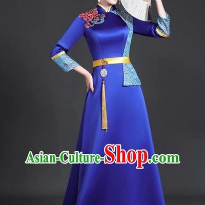 Chinese Style Top Trailing Evening Dress Model Catwalk Cheongsam Performance Costume Guzheng Playing Host Dress Blue