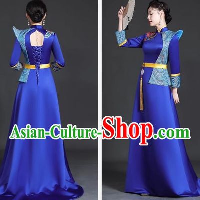 Chinese Style Top Trailing Evening Dress Model Catwalk Cheongsam Performance Costume Guzheng Playing Host Dress Blue