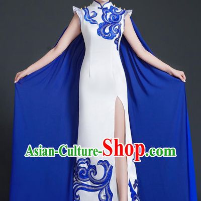 Chinese Style Top Cheongsam Dress Cape Long Fishtail Slim Model Catwalk Costume Blue And White