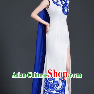 Chinese Style Top Cheongsam Dress Cape Long Fishtail Slim Model Catwalk Costume Blue And White