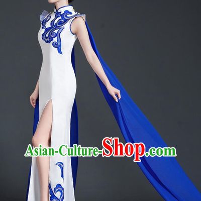 Chinese Style Top Cheongsam Dress Cape Long Fishtail Slim Model Catwalk Costume Blue And White