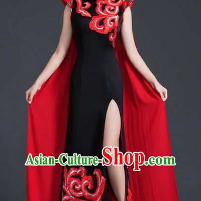 Retro Top Cheongsam Banquet Evening Dress Fishtail Slit Slim Catwalk Costume Cape