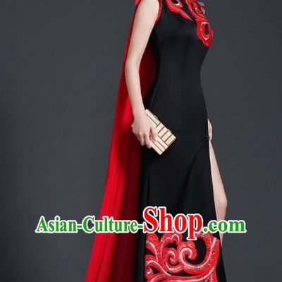 Retro Top Cheongsam Banquet Evening Dress Fishtail Slit Slim Catwalk Costume Cape