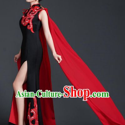 Retro Top Cheongsam Banquet Evening Dress Fishtail Slit Slim Catwalk Costume Cape