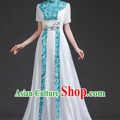 Chinese Style Top Retro Banquet Evening Dress Long White Large Chorus Model Catwalk Costume Chiffon Skirt