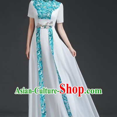 Chinese Style Top Retro Banquet Evening Dress Long White Large Chorus Model Catwalk Costume Chiffon Skirt