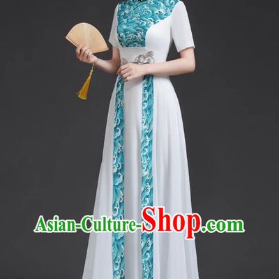 Chinese Style Top Retro Banquet Evening Dress Long White Large Chorus Model Catwalk Costume Chiffon Skirt