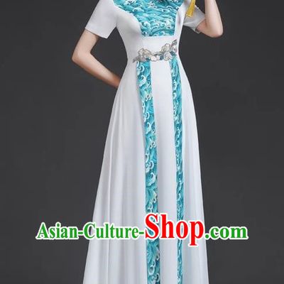 Chinese Style Top Retro Banquet Evening Dress Long White Large Chorus Model Catwalk Costume Chiffon Skirt