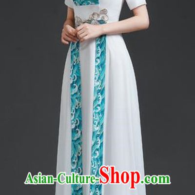 Chinese Style Top Retro Banquet Evening Dress Long White Large Chorus Model Catwalk Costume Chiffon Skirt