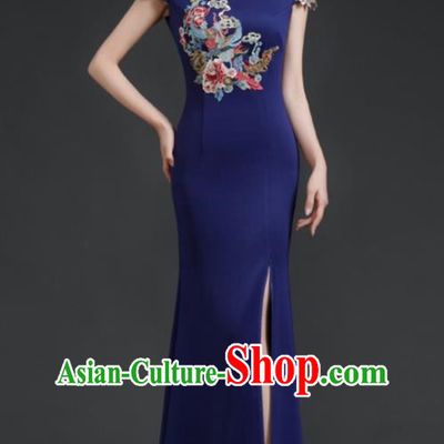 Chinese Fishtail Slit Cheongsam Long Dress Navy Blue Model Catwalk Stage Costume