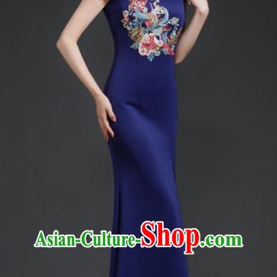 Chinese Fishtail Slit Cheongsam Long Dress Navy Blue Model Catwalk Stage Costume