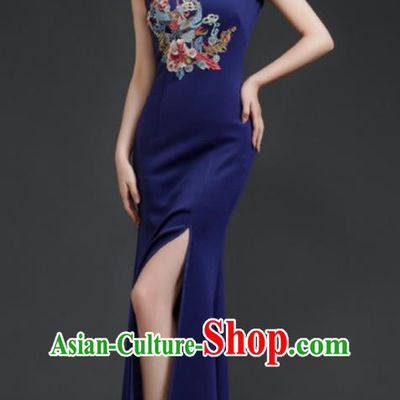 Chinese Fishtail Slit Cheongsam Long Dress Navy Blue Model Catwalk Stage Costume