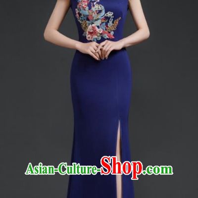 Chinese Fishtail Slit Cheongsam Long Dress Navy Blue Model Catwalk Stage Costume