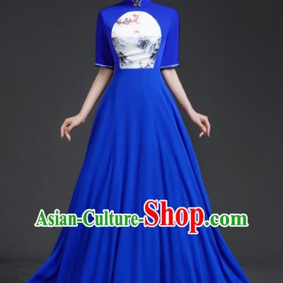Top Chinese Style Model Catwalk Performance Costume Long Annual Meeting Evening Dress Blue Dress
