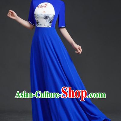 Top Chinese Style Model Catwalk Performance Costume Long Annual Meeting Evening Dress Blue Dress