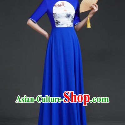 Top Chinese Style Model Catwalk Performance Costume Long Annual Meeting Evening Dress Blue Dress