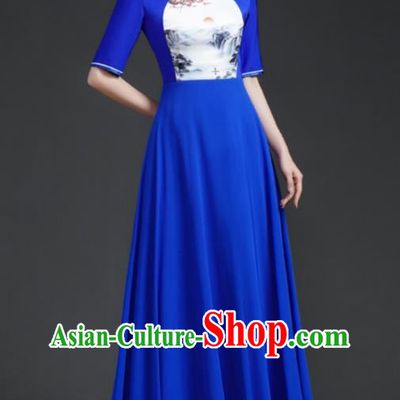 Top Chinese Style Model Catwalk Performance Costume Long Annual Meeting Evening Dress Blue Dress