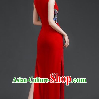 Top Long Catwalk Cheongsam Red Velvet Mother Dress Wedding Dress Model Team Stage Costume
