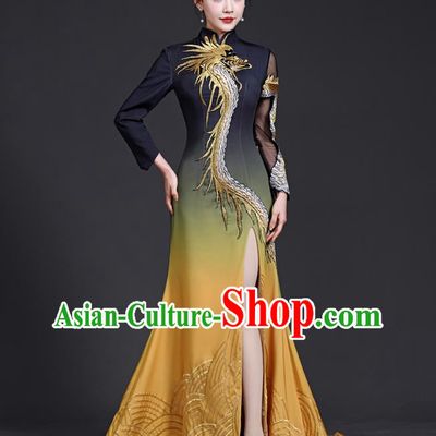 Chinese Style Top Banquet Evening Dress Trailing Long Stage Model Catwalk Cheongsam Costume Fishtail Slit
