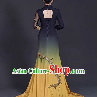 Chinese Style Top Banquet Evening Dress Trailing Long Stage Model Catwalk Cheongsam Costume Fishtail Slit