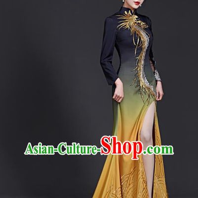 Chinese Style Top Banquet Evening Dress Trailing Long Stage Model Catwalk Cheongsam Costume Fishtail Slit