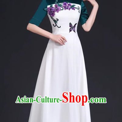 Chinese Style Top Dress Stage Choir Catwalk Cheongsam Performance Clothing Chiffon Long Skirt Hit Color