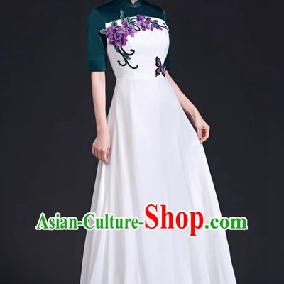 Chinese Style Top Dress Stage Choir Catwalk Cheongsam Performance Clothing Chiffon Long Skirt Hit Color