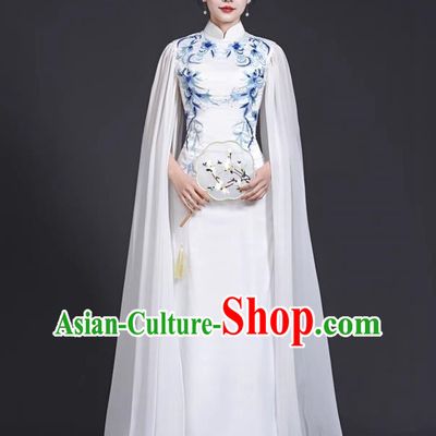 Top Stage Catwalk Costumes Long Guzheng Water Sleeve Dance Blue And White Porcelain Cheongsam Chinese Style White Dress Embroidery