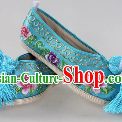 Blue Melaleuca Bottom Peony Flower Embroidered Shoes Huadan Flat Cloth Bottom Opera Color Shoes Xiaodan Cloth Shoes Ancient Costume Performance Chinese Style