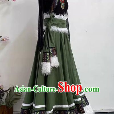 Black Olive Green Tibetan Dance Women Big Swing Skirt Tibetan Clothing Minority Practice Clothing Art Test Practice Performance Clothing