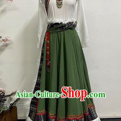 White and Green Tibetan Dance Women Large Swing Skirt Tibetan Clothing Minority Practice Clothing Art Test Practice Performance Clothing