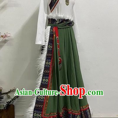 White and Green Tibetan Dance Women Large Swing Skirt Tibetan Clothing Minority Practice Clothing Art Test Practice Performance Clothing