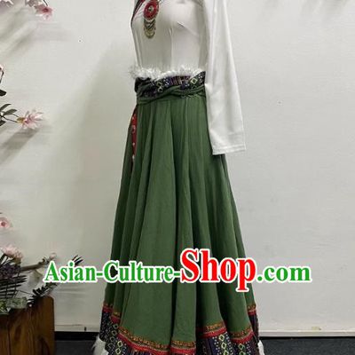 White and Green Tibetan Dance Women Large Swing Skirt Tibetan Clothing Minority Practice Clothing Art Test Practice Performance Clothing