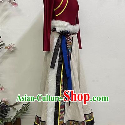 Red and White Tibetan Dance Women Big Swing Skirt Tibetan Clothing Minority Practice Clothing Art Test Practice Performance Clothing