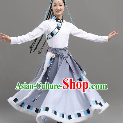 White Gray Tibetan Dance Women Big Swing Skirt Tibetan Clothing Minority Practice Clothing Art Test Practice Performance Clothing