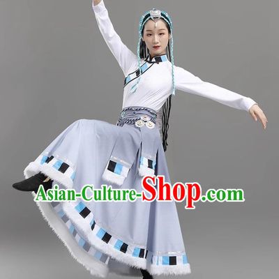 White Gray Tibetan Dance Women Big Swing Skirt Tibetan Clothing Minority Practice Clothing Art Test Practice Performance Clothing
